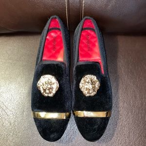 Meijiani Lions Head Black Velour Loafers Slippers Size 9 Men's Shoes